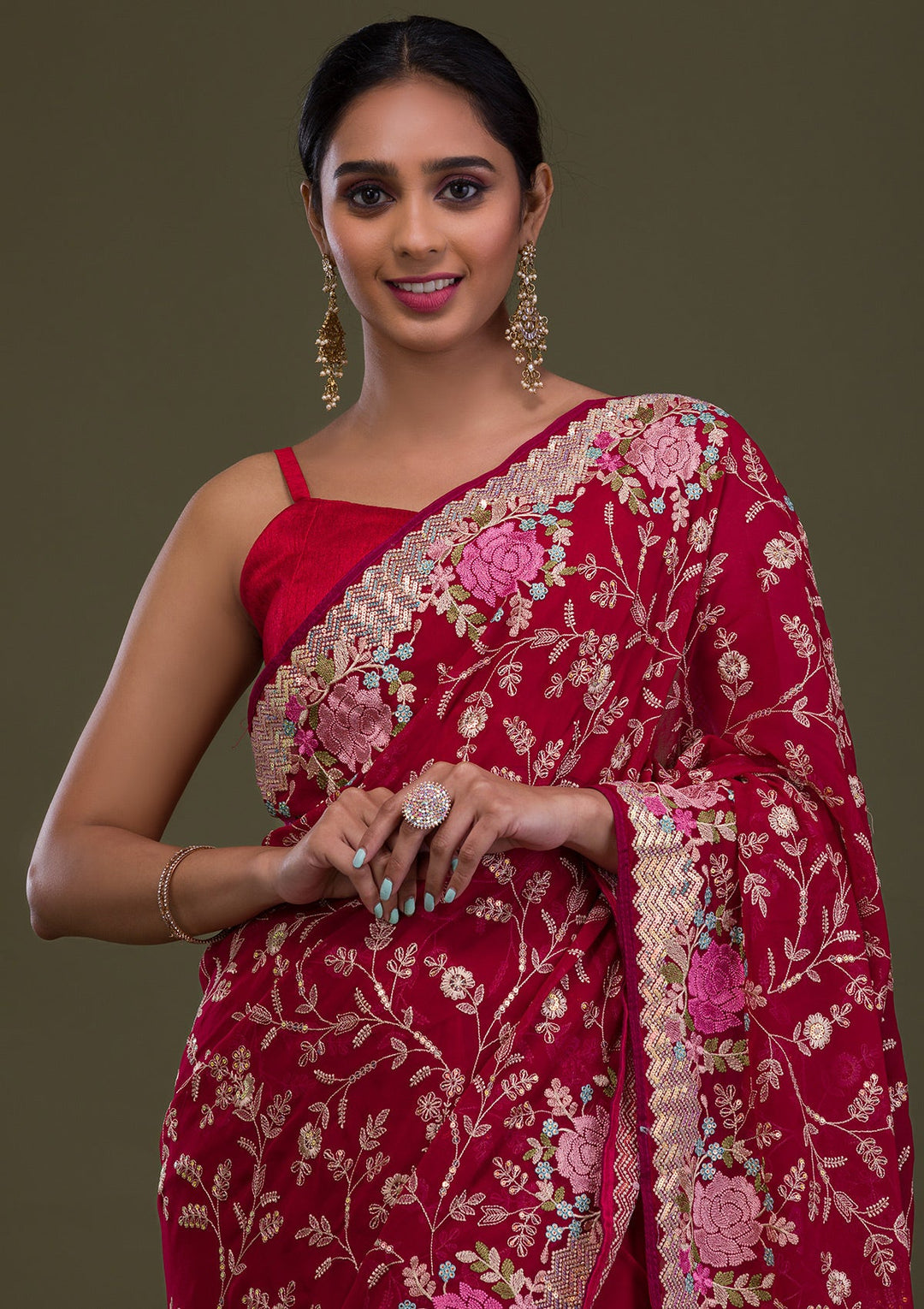 Rani Pink Threadwork Georgette Saree-Koskii
