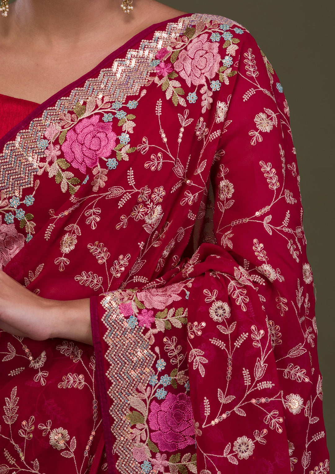 Rani Pink Threadwork Georgette Saree-Koskii