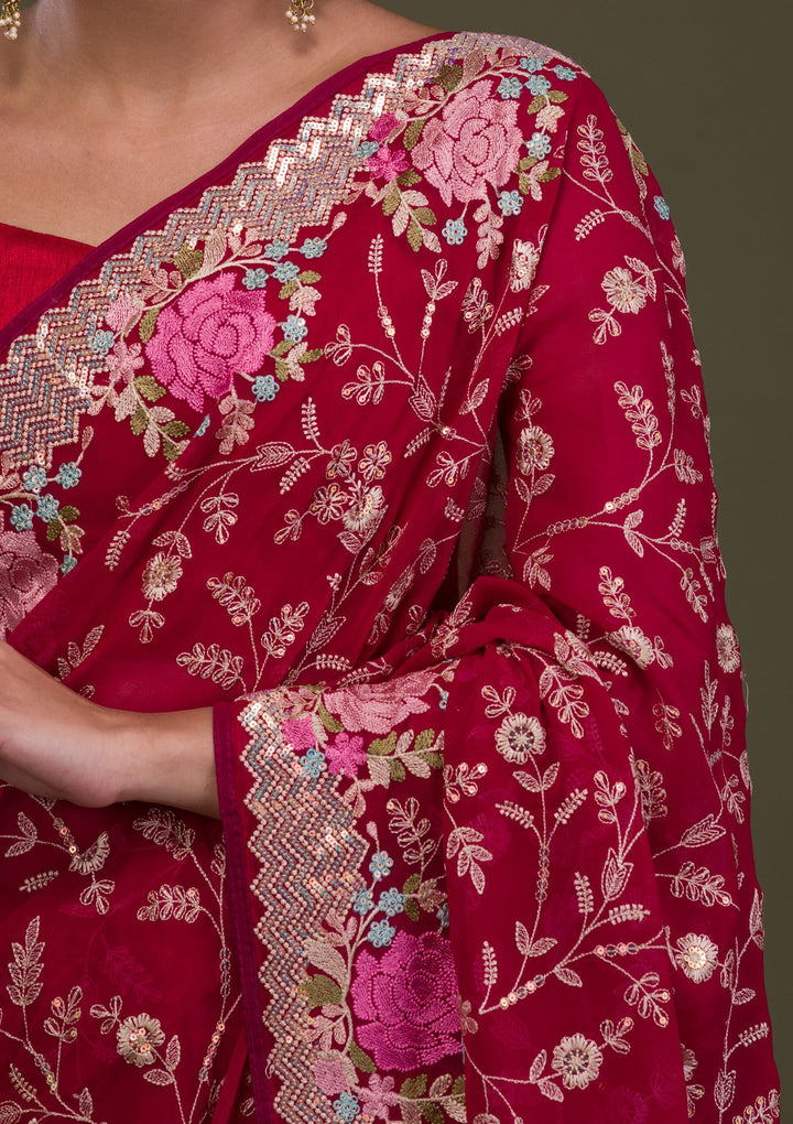 Rani Pink Threadwork Georgette Saree-Koskii