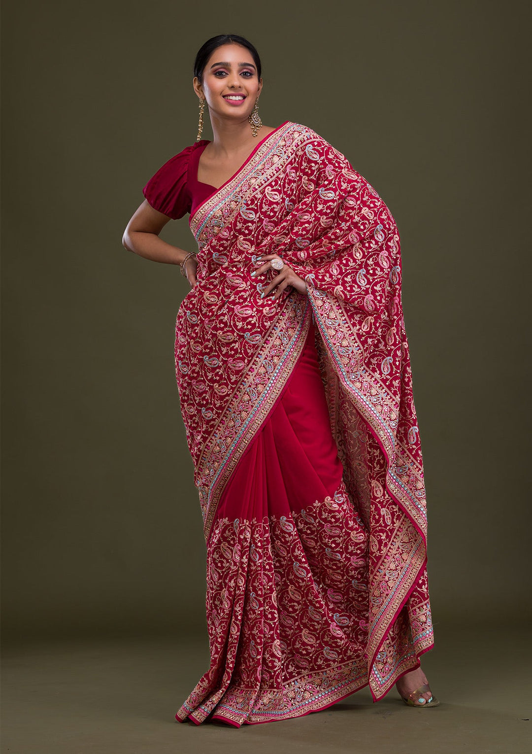 Rani Pink Threadwork Georgette Saree-Koskii
