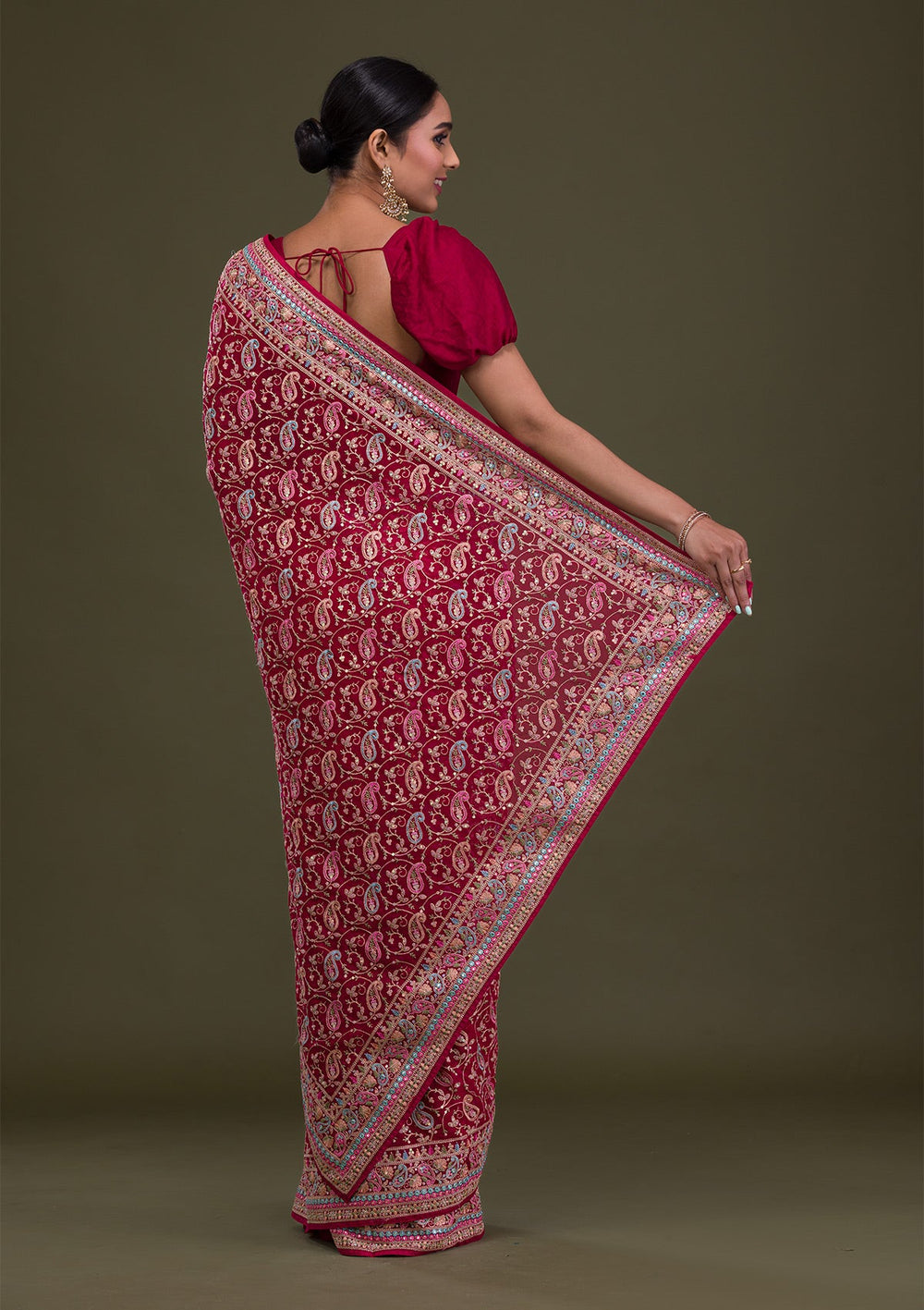 Rani Pink Threadwork Georgette Saree-Koskii
