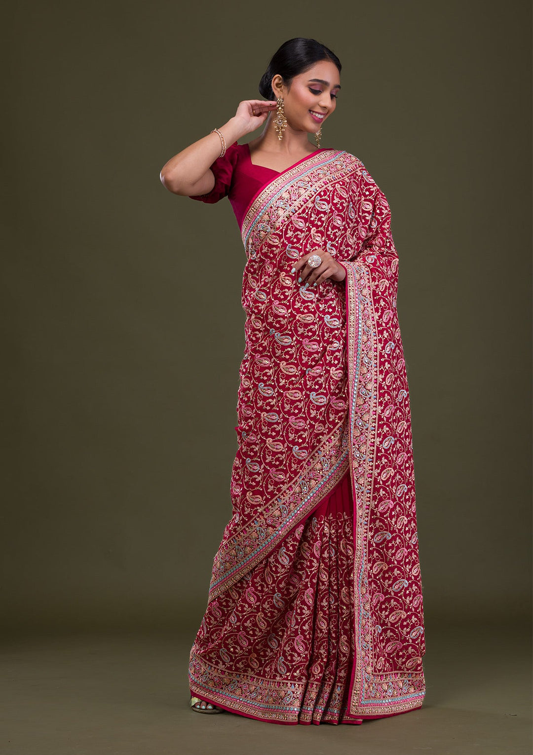 Rani Pink Threadwork Georgette Saree-Koskii