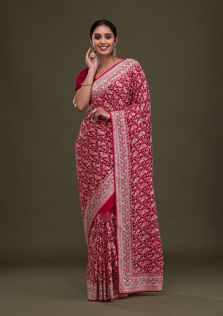 Rani Pink Threadwork Georgette Saree-Koskii