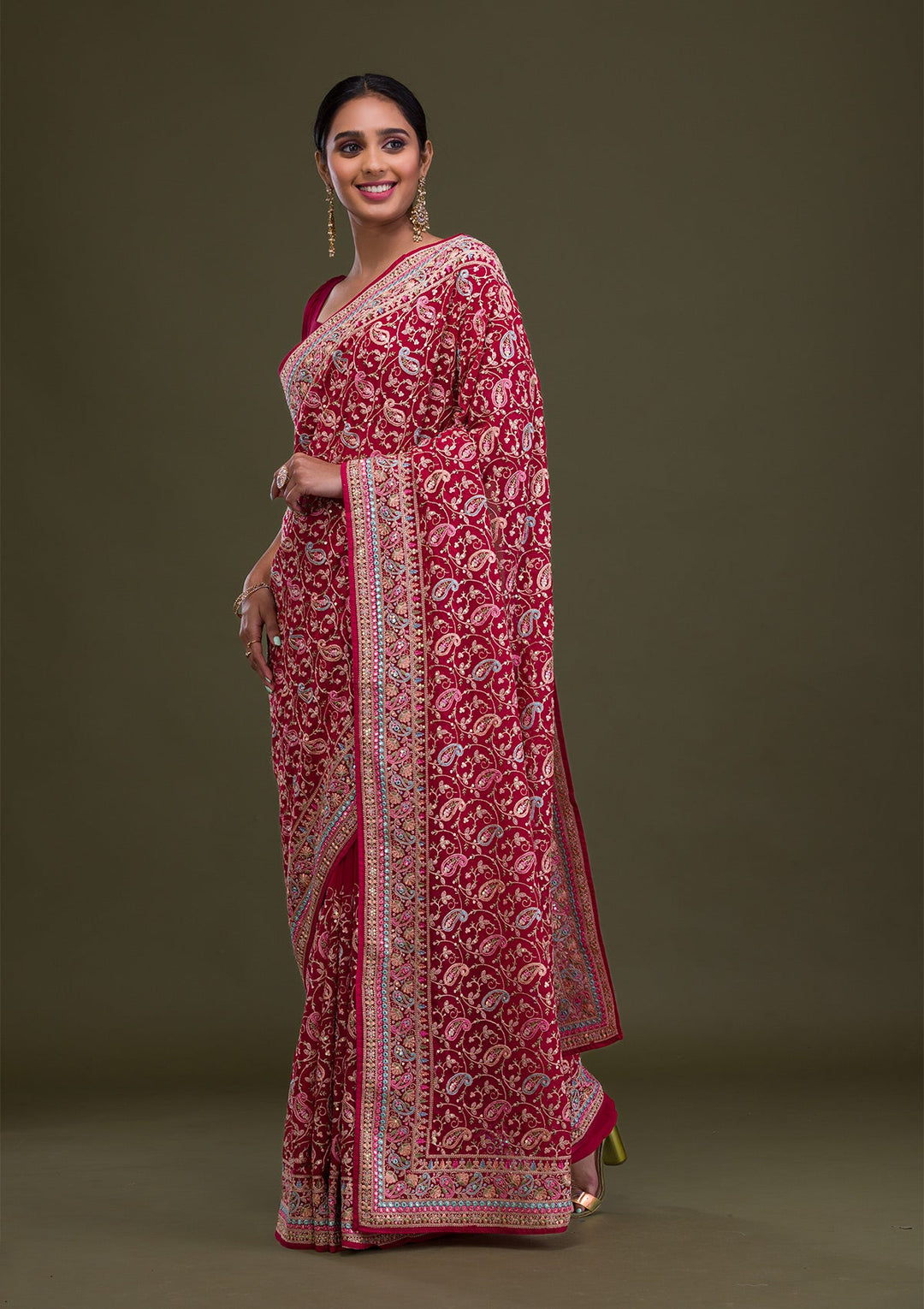 Rani Pink Threadwork Georgette Saree-Koskii