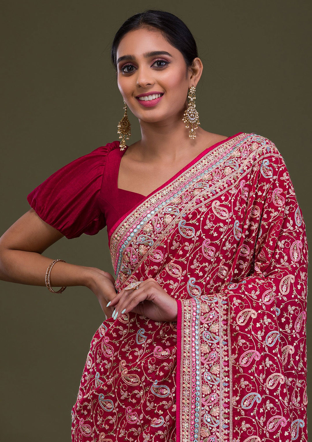 Rani Pink Threadwork Georgette Saree-Koskii