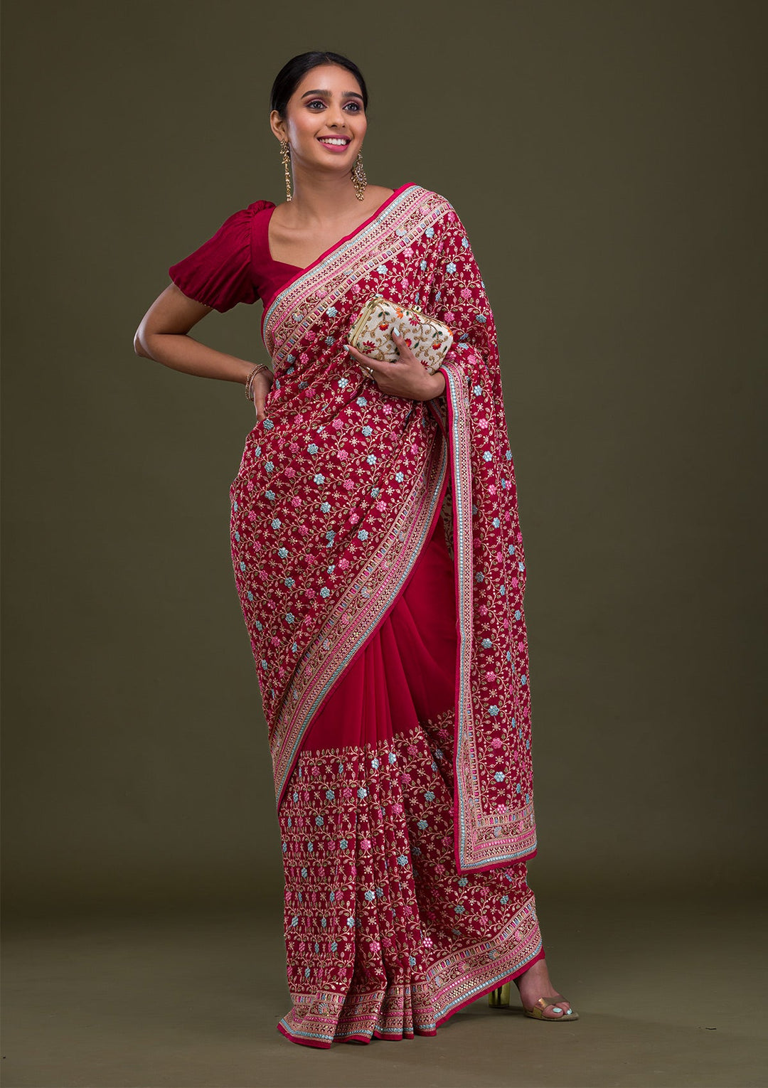Rani Pink Threadwork Georgette Saree-Koskii