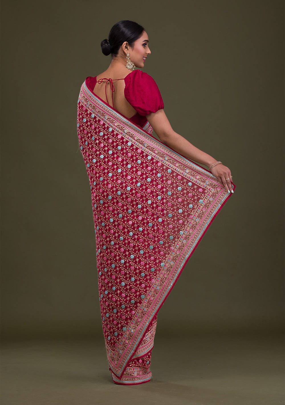 Rani Pink Threadwork Georgette Saree-Koskii