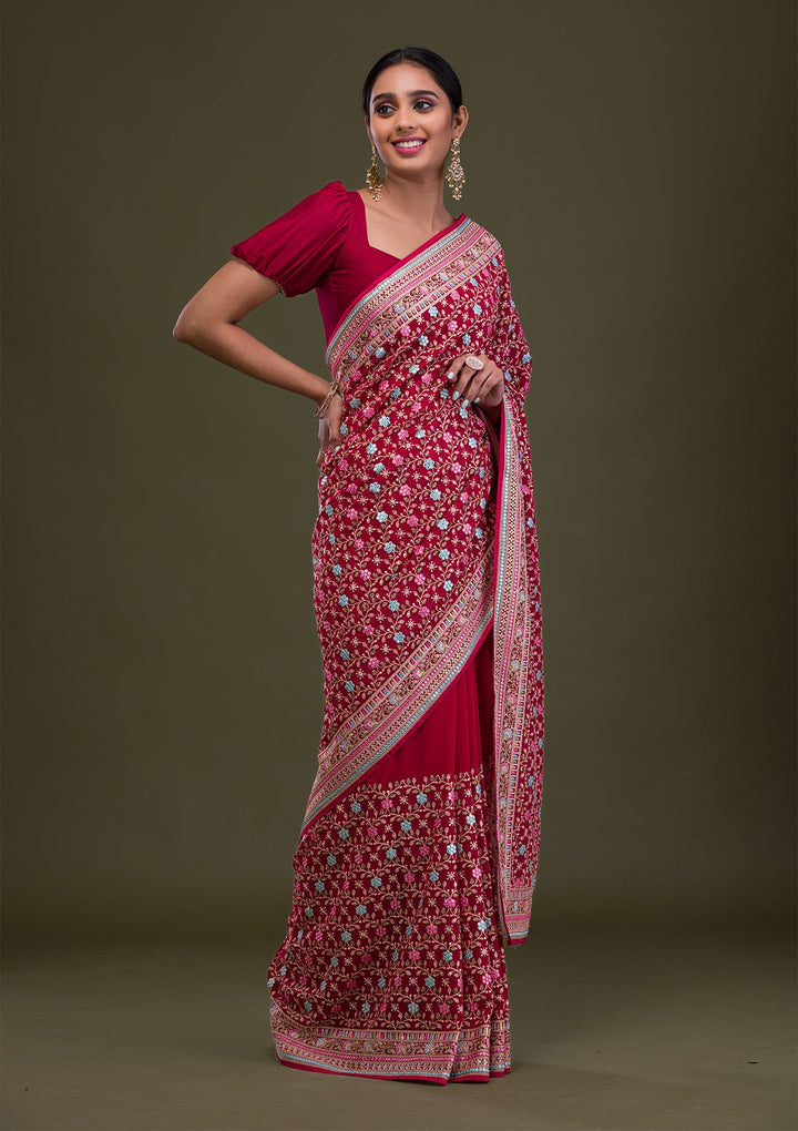 Rani Pink Threadwork Georgette Saree-Koskii