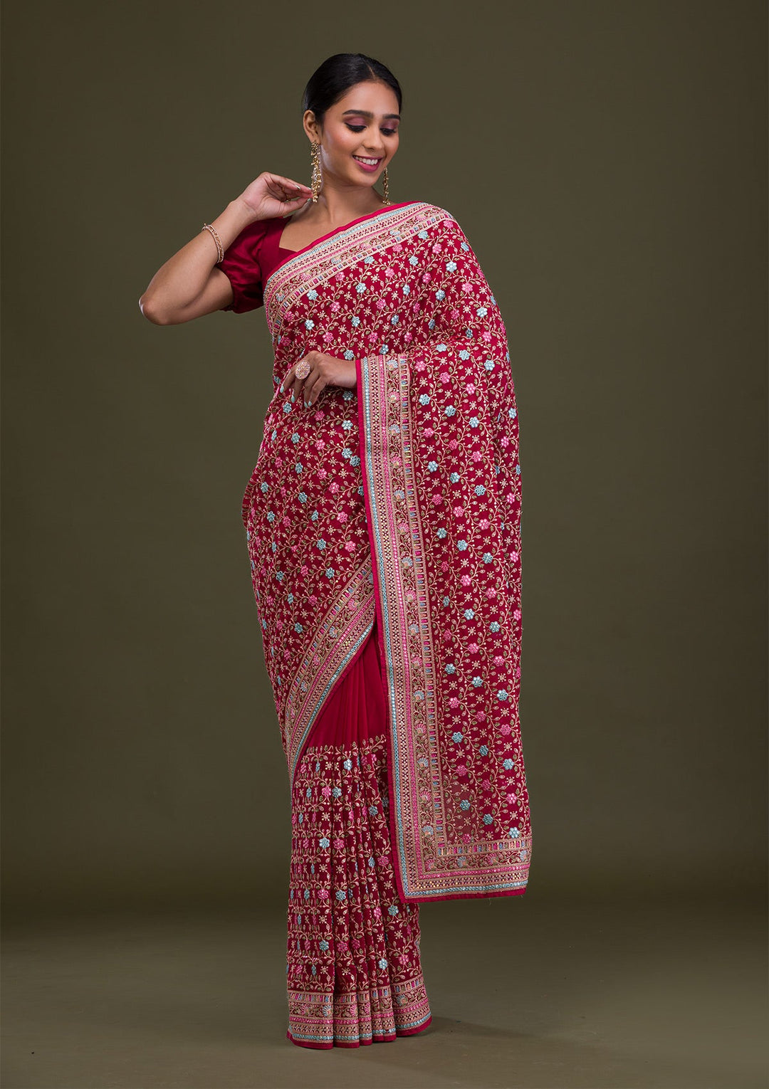 Rani Pink Threadwork Georgette Saree-Koskii