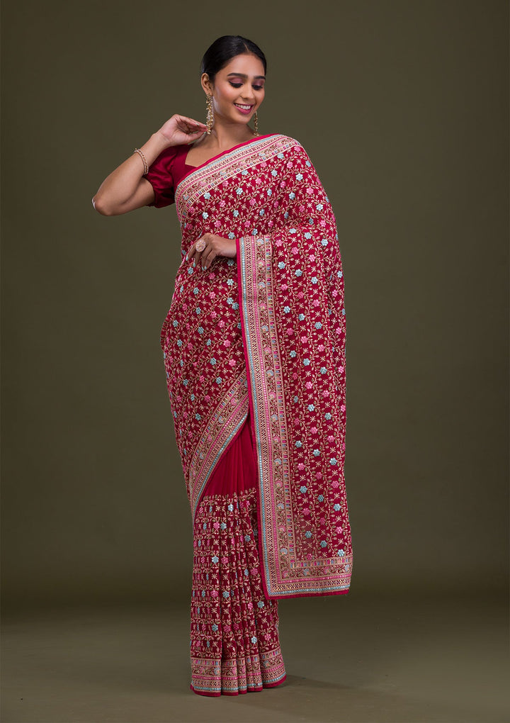 Rani Pink Threadwork Georgette Saree-Koskii