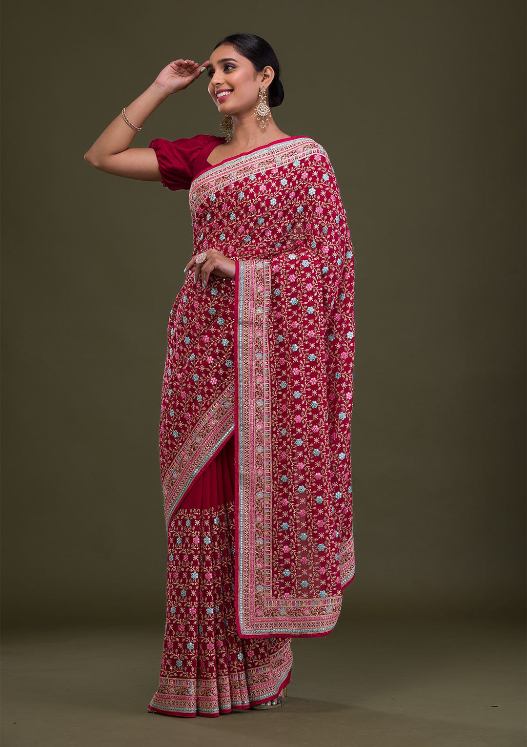 Rani Pink Threadwork Georgette Saree-Koskii