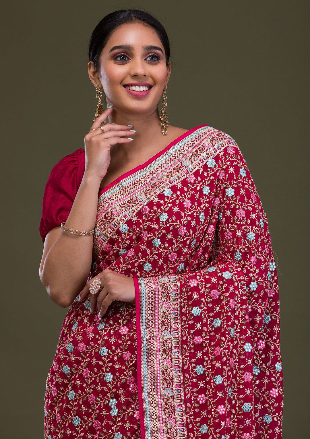 Rani Pink Threadwork Georgette Saree-Koskii