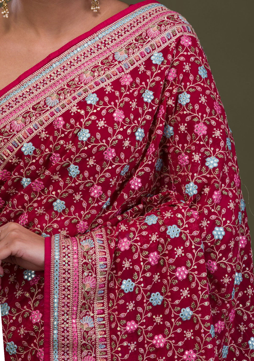 Rani Pink Threadwork Georgette Saree-Koskii