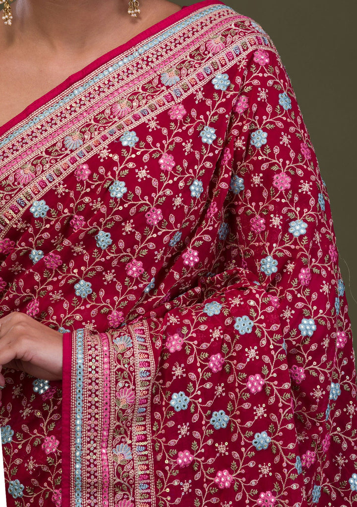 Rani Pink Threadwork Georgette Saree-Koskii