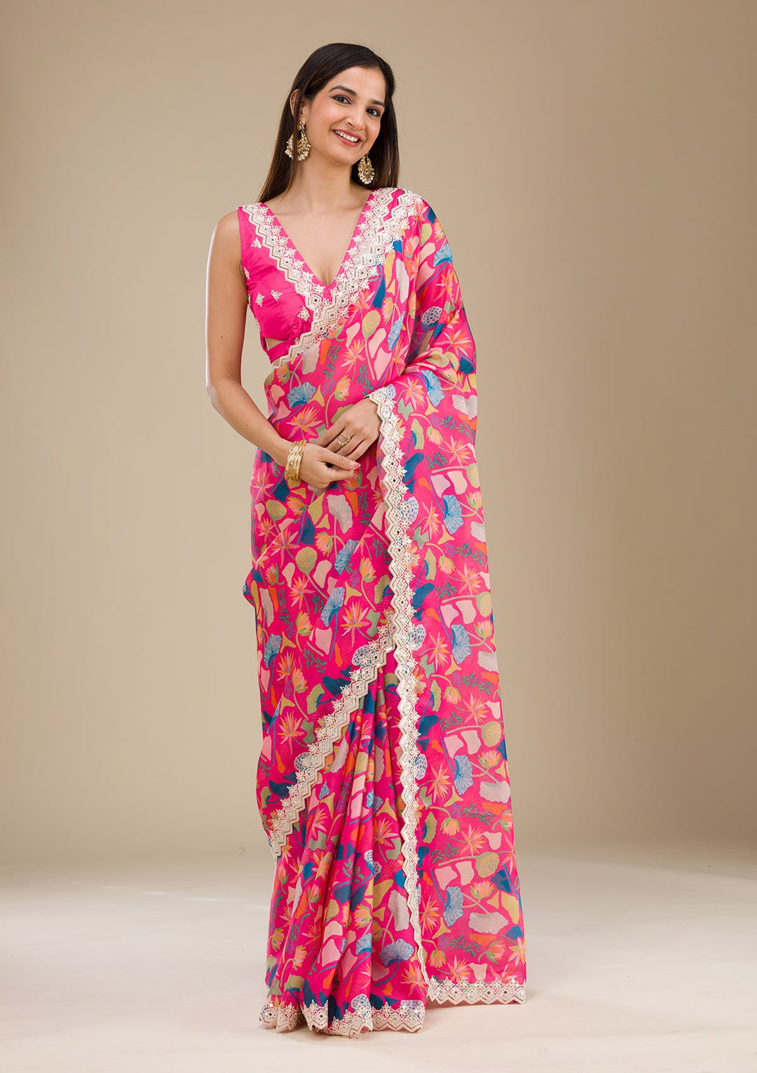 Rani Pink Threadwork Georgette Saree-Koskii