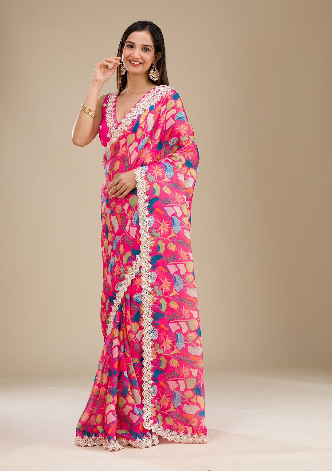 Rani Pink Threadwork Georgette Saree-Koskii