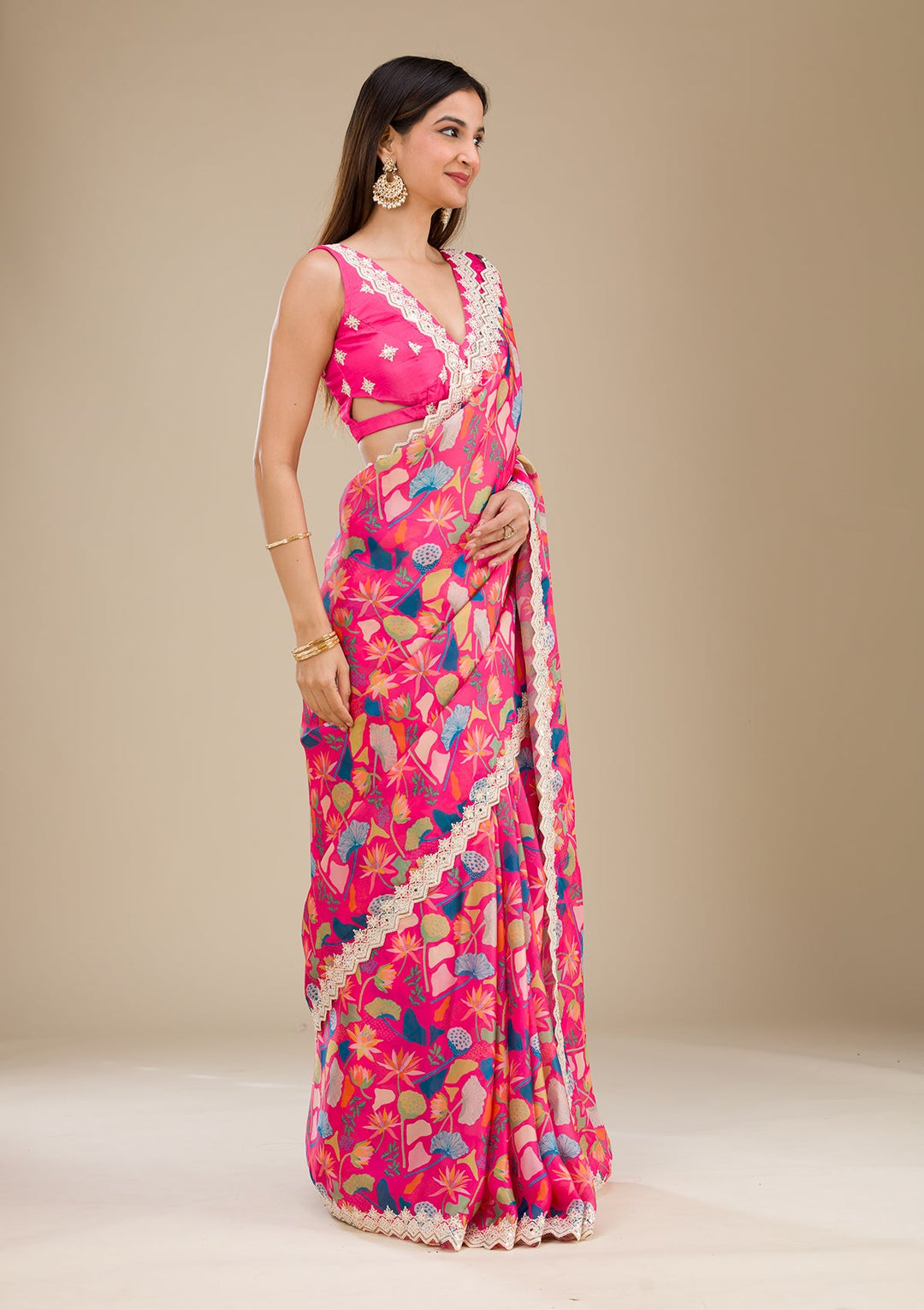 Rani Pink Threadwork Georgette Saree-Koskii