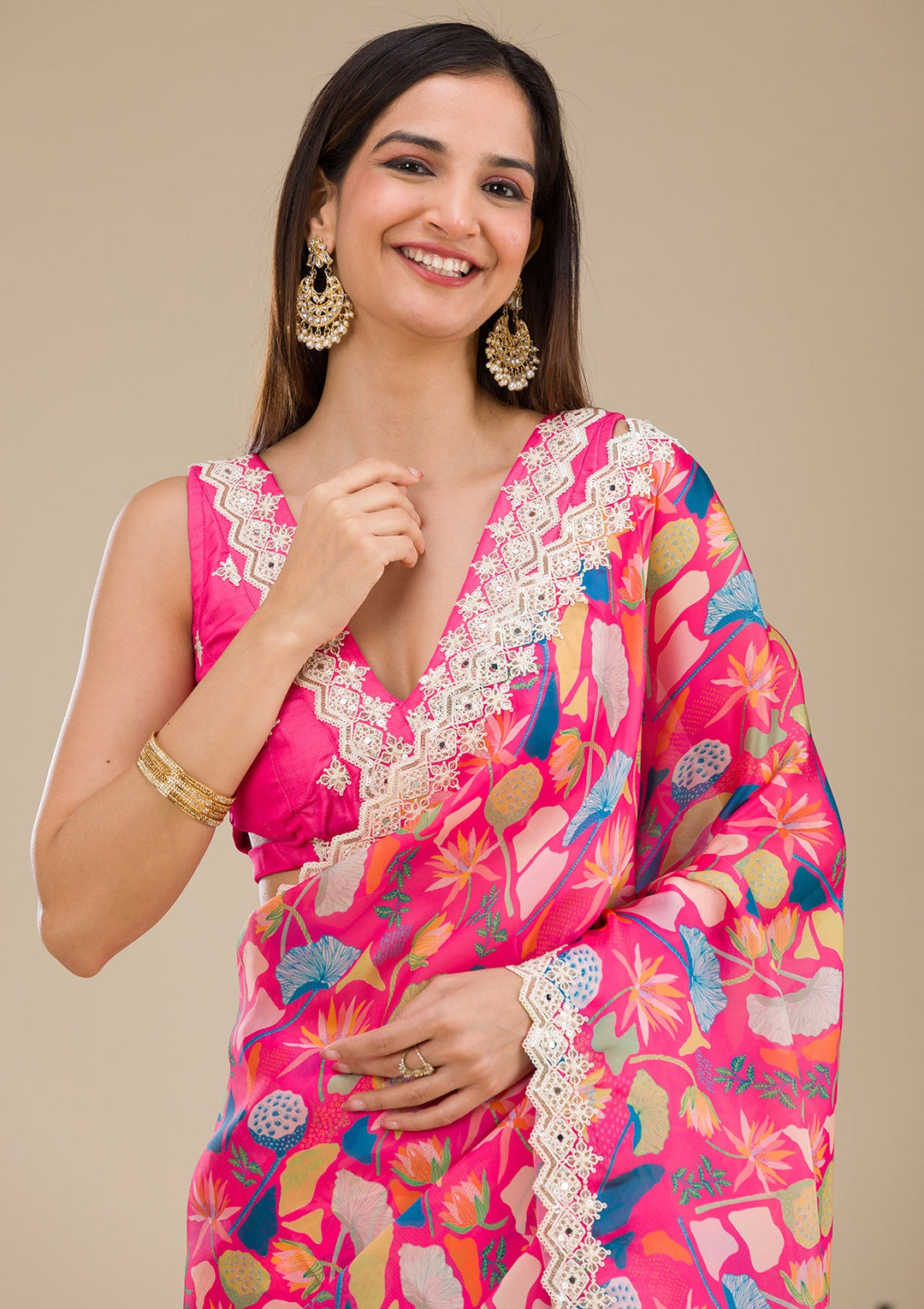 Rani Pink Threadwork Georgette Saree-Koskii