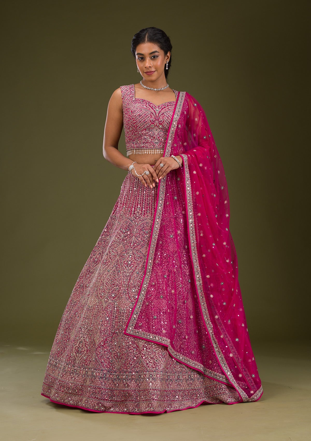 Rani Pink Threadwork Net Readymade Lehenga-Koskii