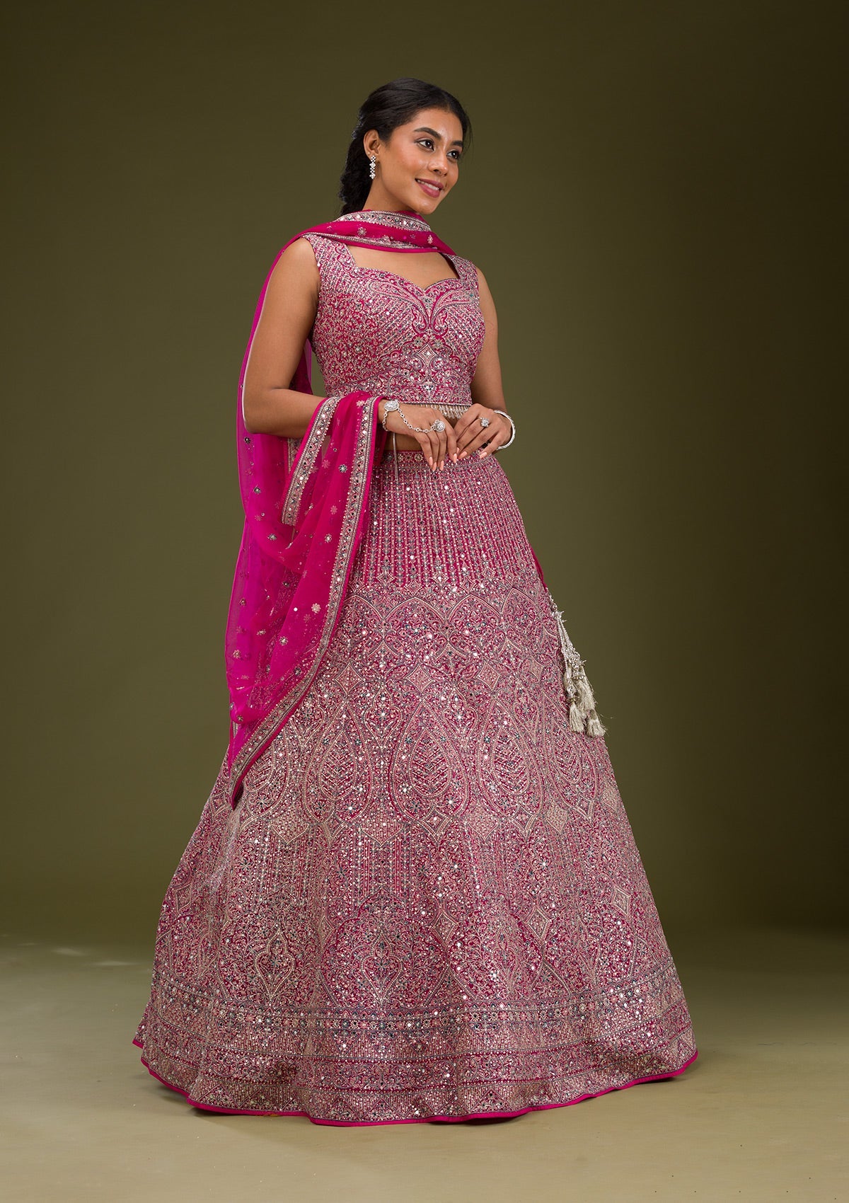 Rani Pink Threadwork Net Readymade Lehenga-Koskii