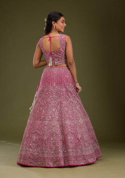 Rani Pink Threadwork Net Readymade Lehenga-Koskii