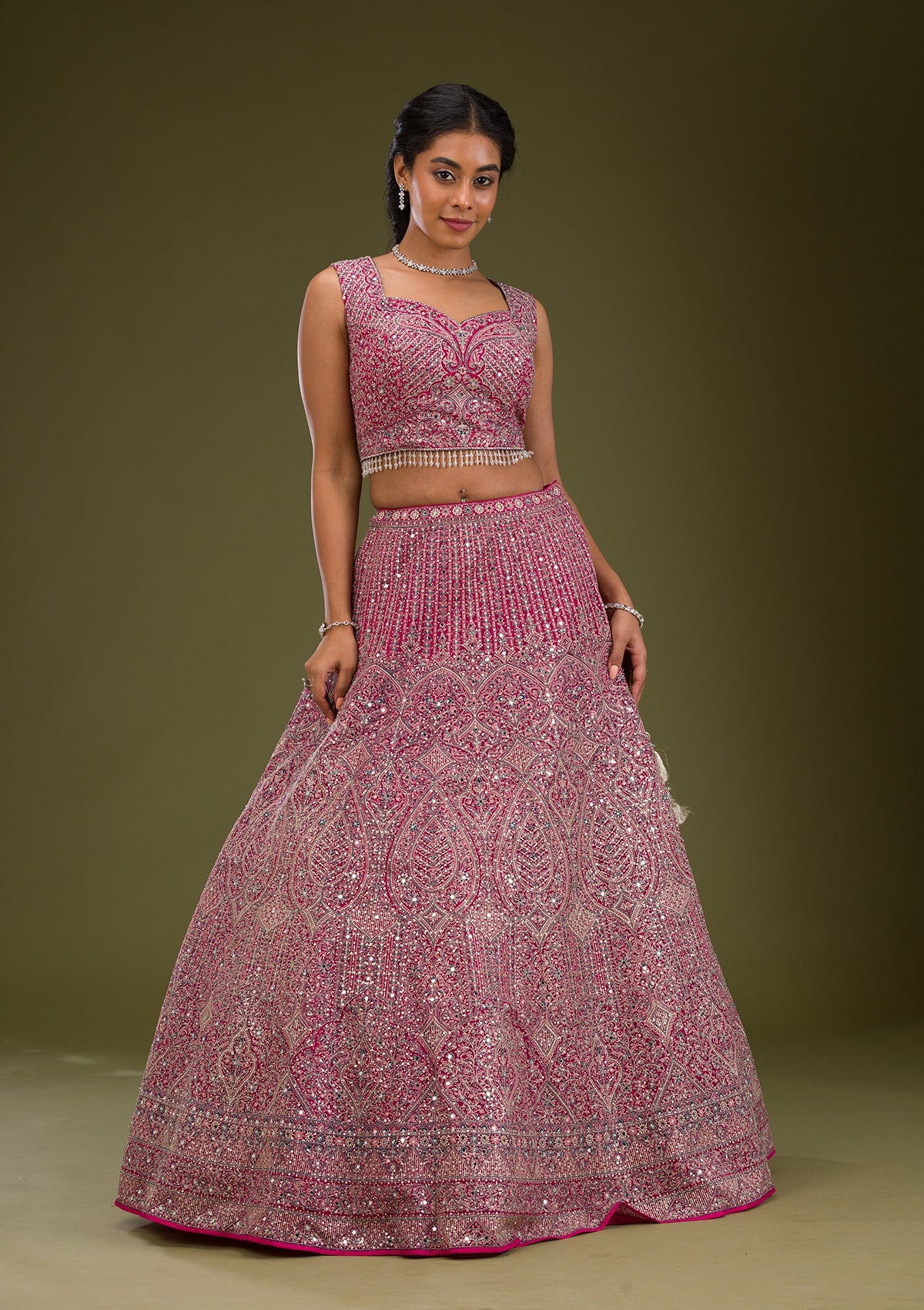 Rani Pink Threadwork Net Readymade Lehenga-Koskii