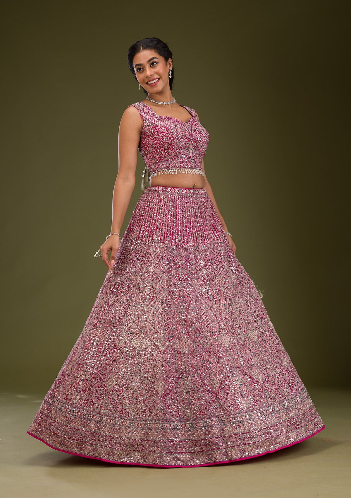 Rani Pink Threadwork Net Readymade Lehenga-Koskii