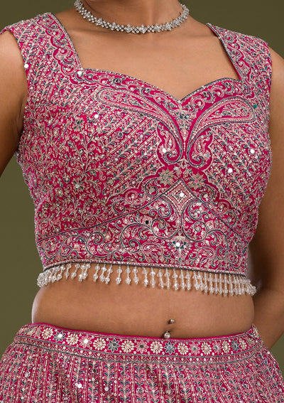 Rani Pink Threadwork Net Readymade Lehenga-Koskii