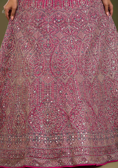 Rani Pink Threadwork Net Readymade Lehenga-Koskii