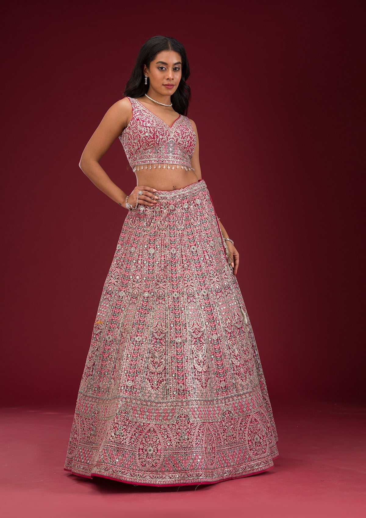 Rani Pink Threadwork Net Readymade Lehenga-Koskii