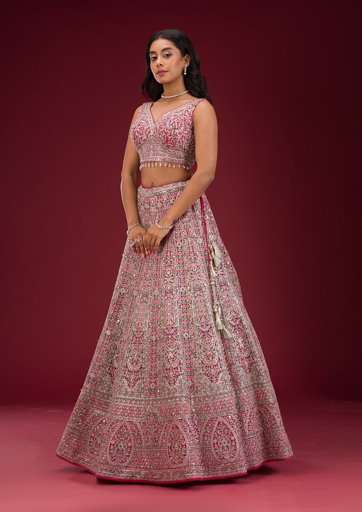 Rani Pink Threadwork Net Readymade Lehenga-Koskii