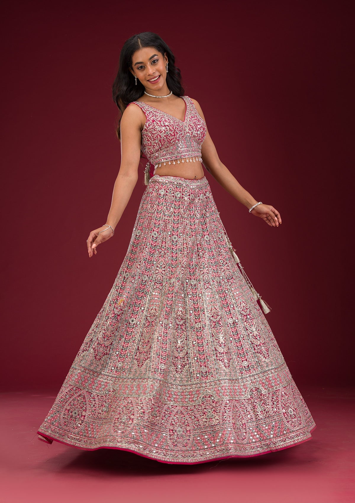 Rani Pink Threadwork Net Readymade Lehenga-Koskii