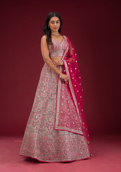 Rani Pink Threadwork Net Readymade Lehenga-Koskii