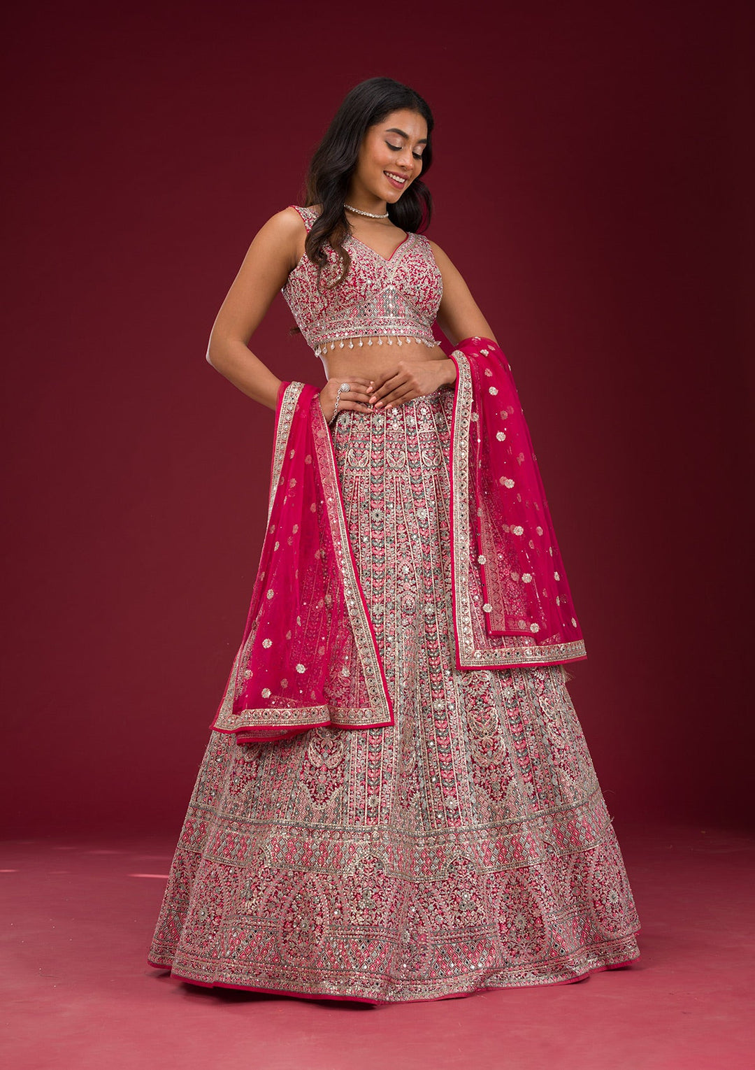 Rani Pink Threadwork Net Readymade Lehenga-Koskii