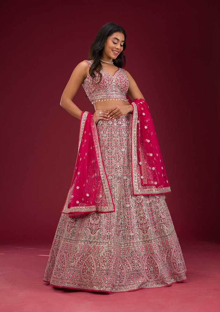 Rani Pink Threadwork Net Readymade Lehenga-Koskii