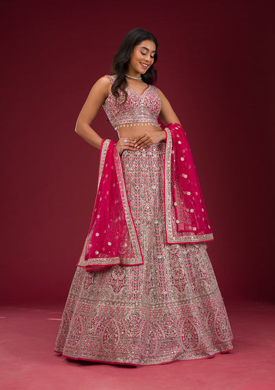 Rani Pink Threadwork Net Readymade Lehenga-Koskii