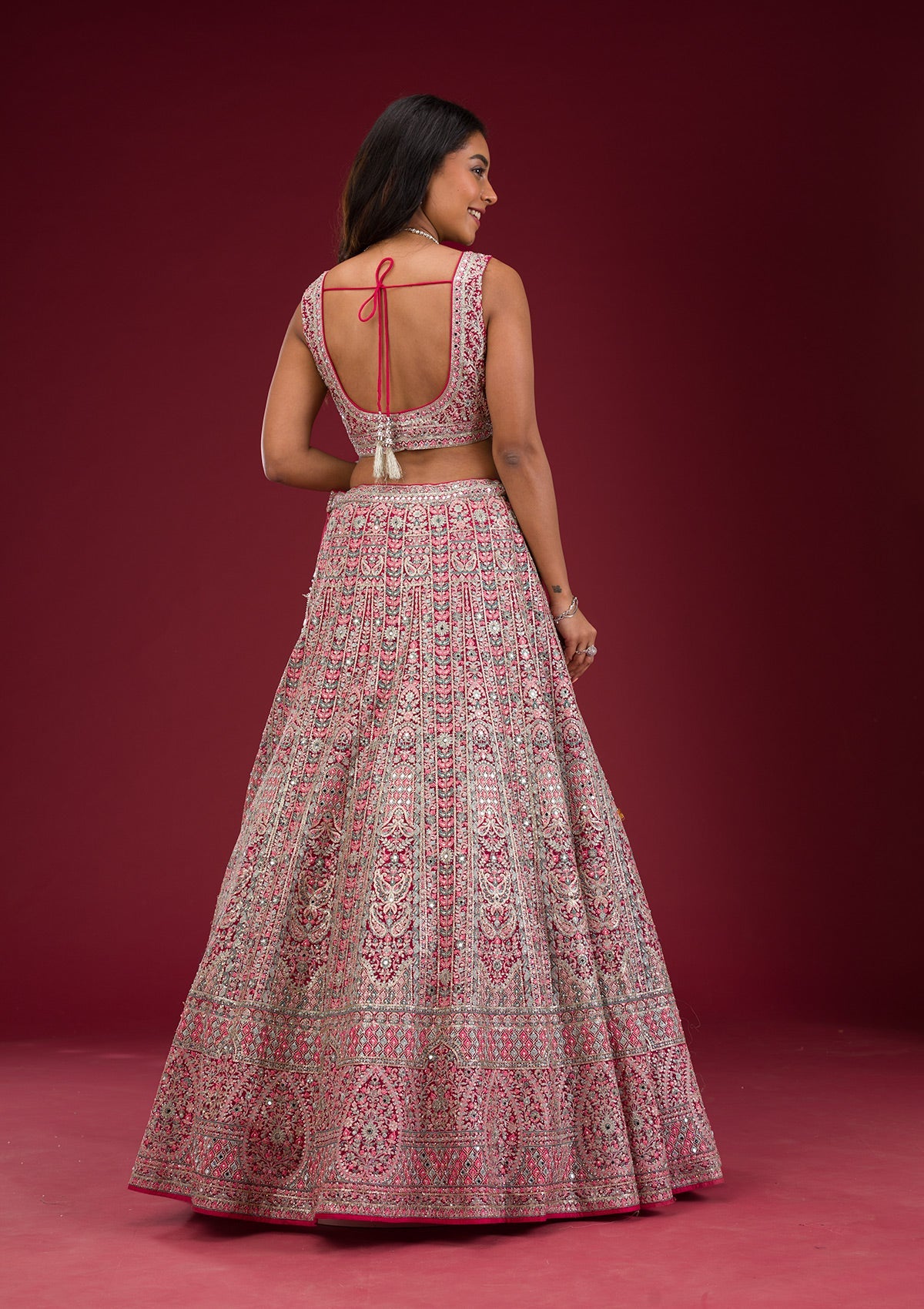 Rani Pink Threadwork Net Readymade Lehenga-Koskii