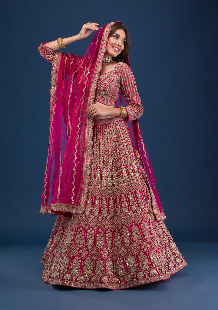 Rani Pink Threadwork Net Readymade Lehenga-Koskii