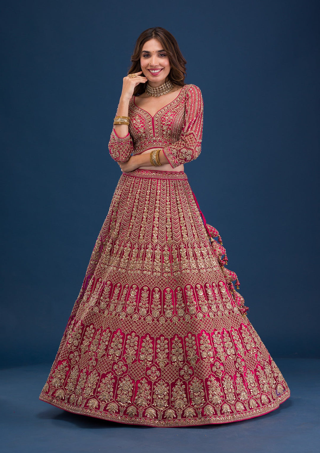 Rani Pink Threadwork Net Readymade Lehenga-Koskii