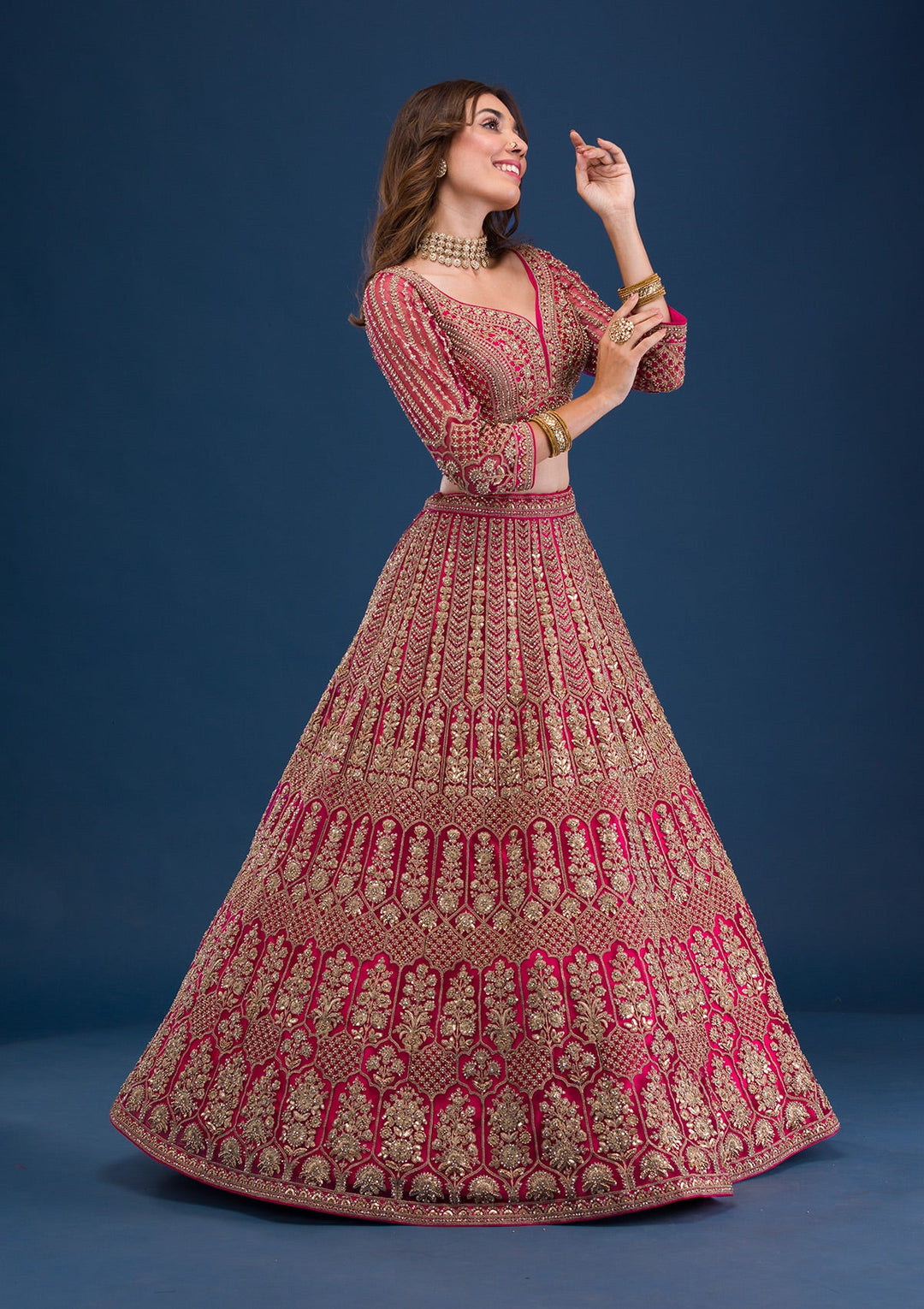 Rani Pink Threadwork Net Readymade Lehenga-Koskii