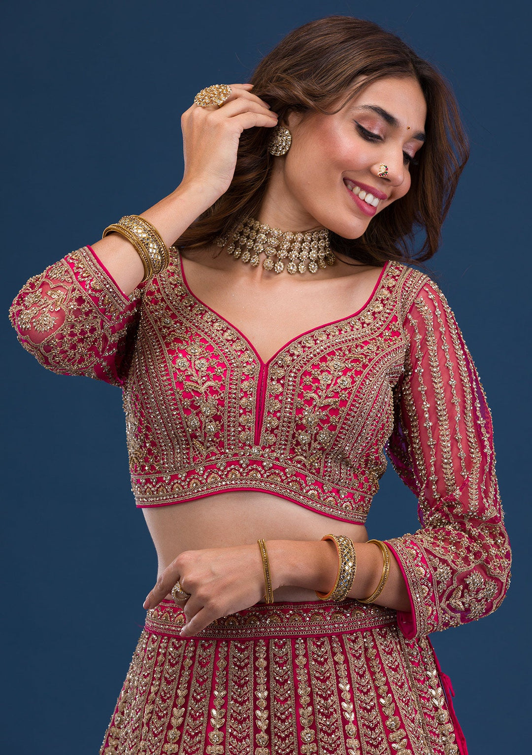 Rani Pink Threadwork Net Readymade Lehenga-Koskii