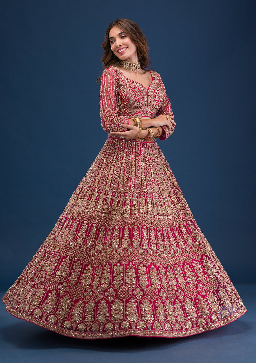 Rani Pink Threadwork Net Readymade Lehenga-Koskii
