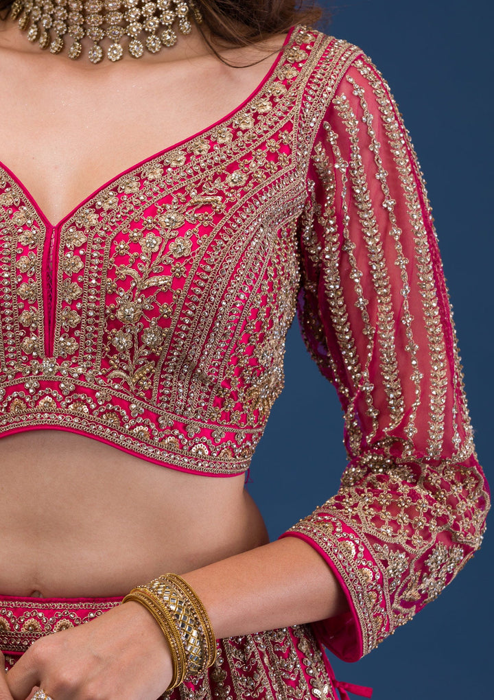 Rani Pink Threadwork Net Readymade Lehenga-Koskii