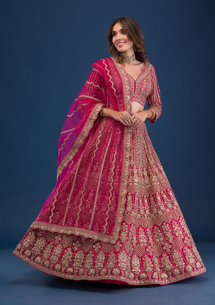 Rani Pink Threadwork Net Readymade Lehenga-Koskii