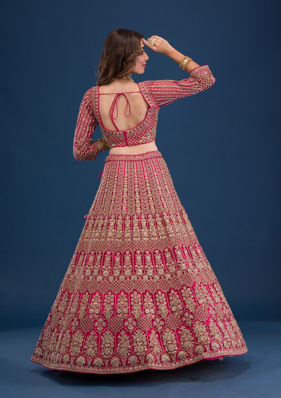 Rani Pink Threadwork Net Readymade Lehenga-Koskii
