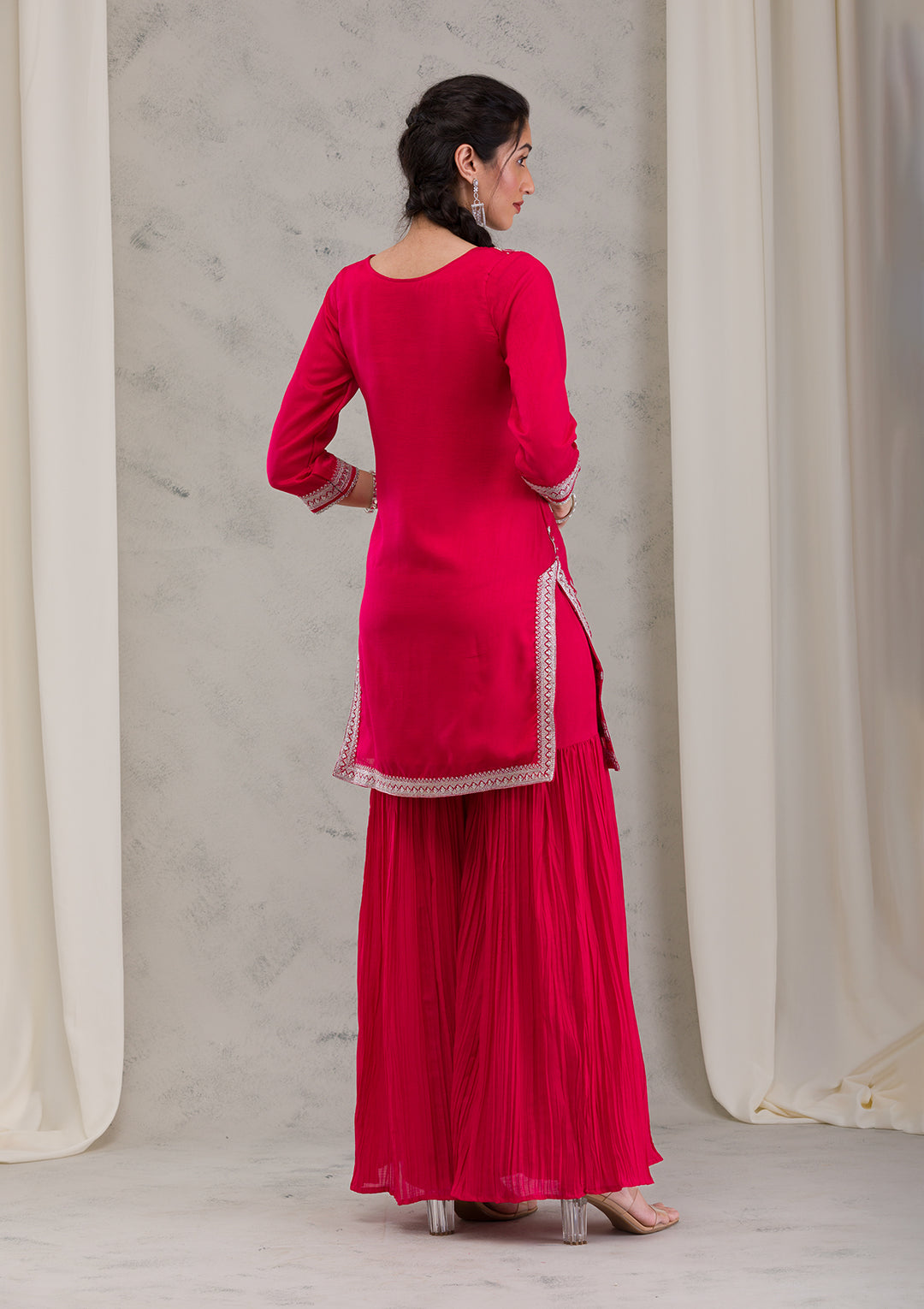 Red Threadwork Raw Silk Readymade Salwar Kameez