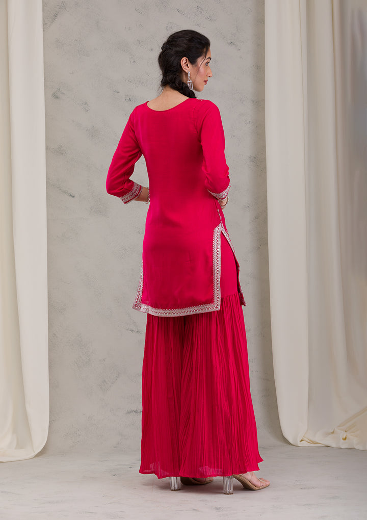 Red Threadwork Raw Silk Readymade Salwar Kameez