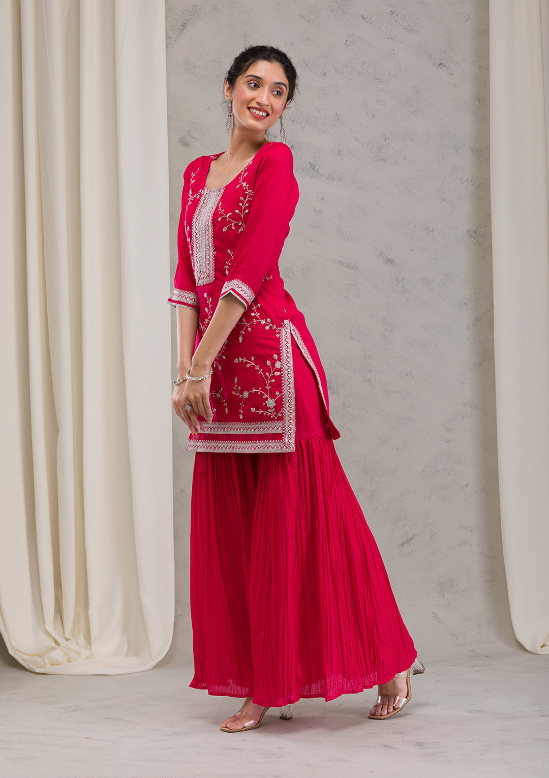 Red Threadwork Raw Silk Readymade Salwar Kameez