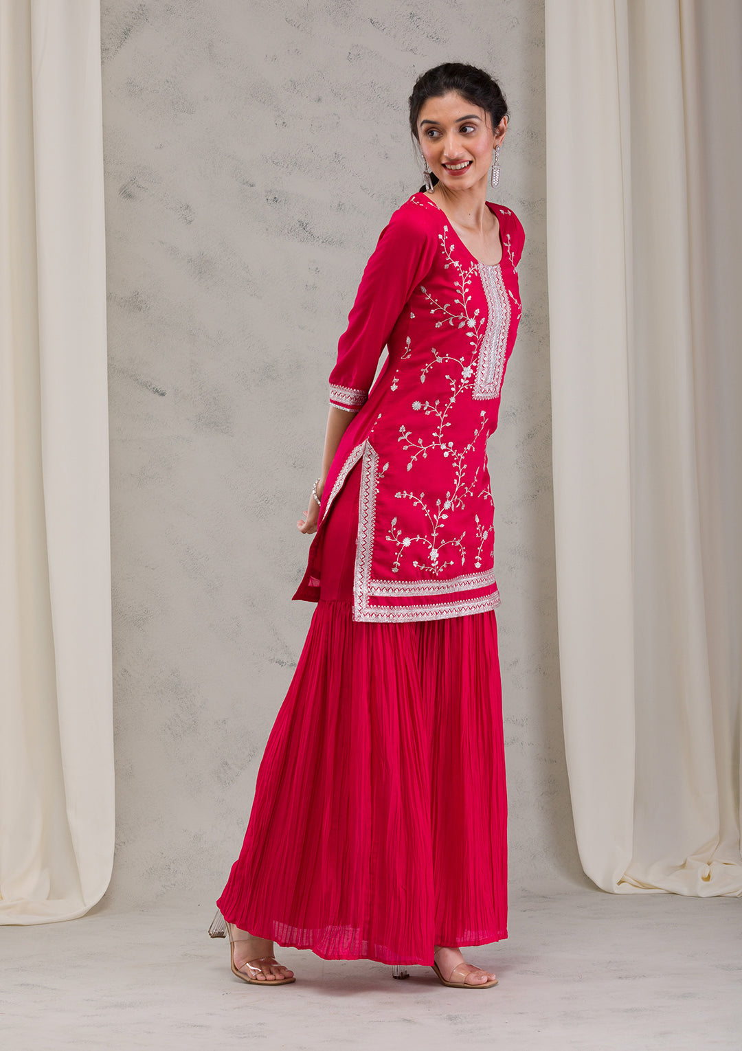 Red Threadwork Raw Silk Readymade Salwar Kameez