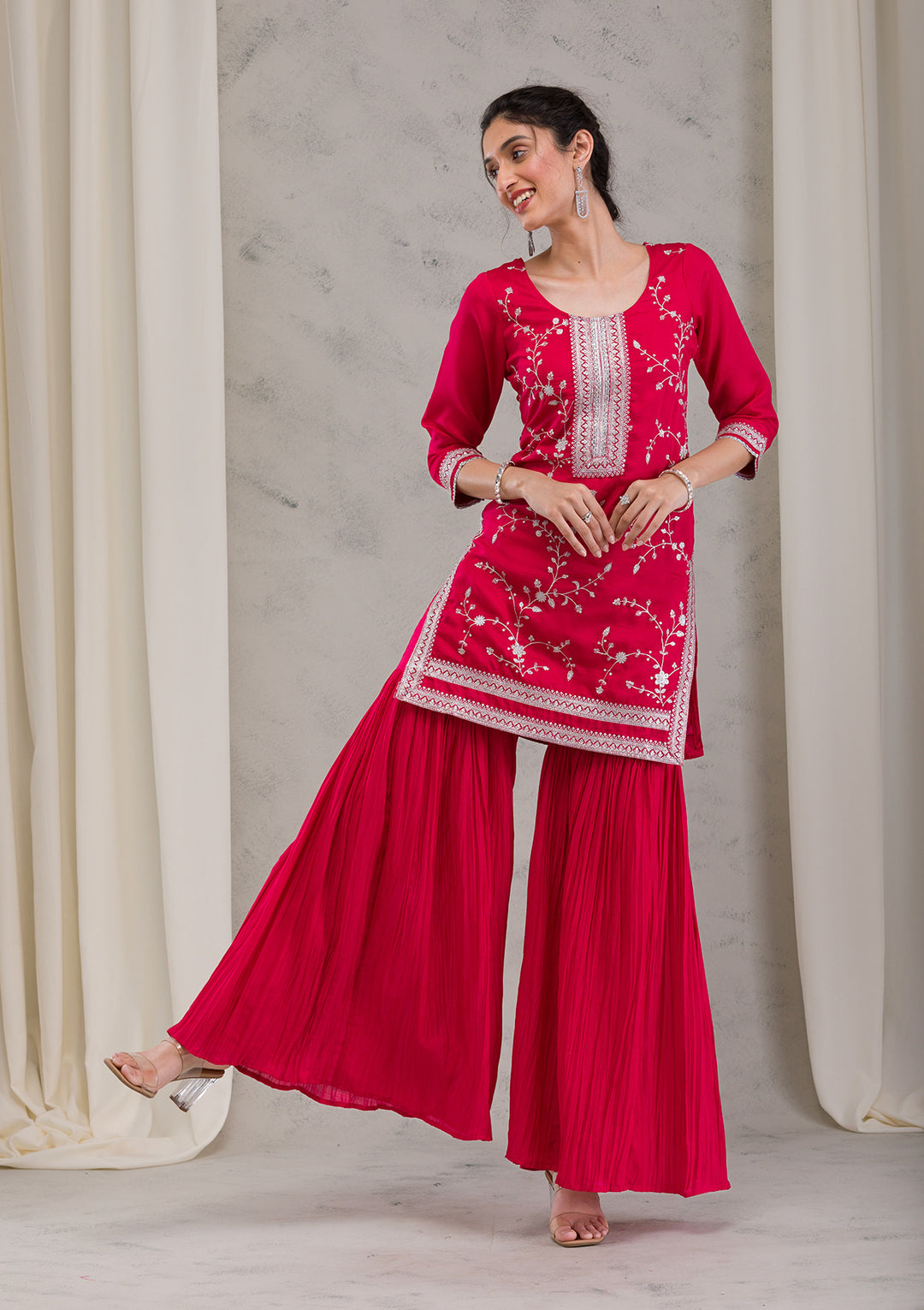 Red Threadwork Raw Silk Readymade Salwar Kameez